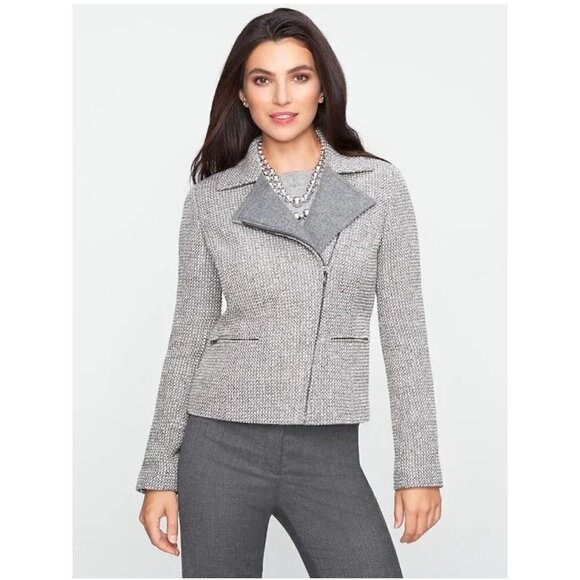 Talbots Cropped Tweed Julienne Metallic Wool Moto Jacket Grey Silver size 8 - Picture 1 of 11